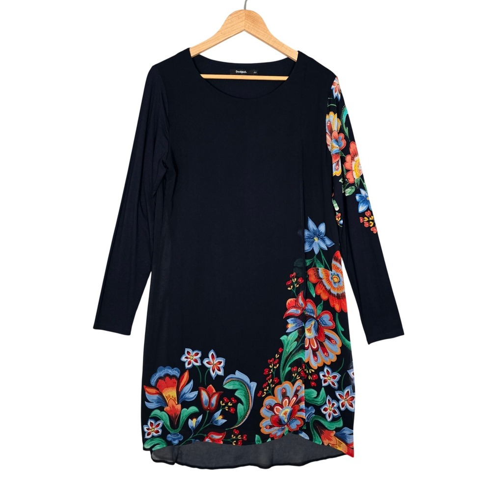 Desigual Women's Navy Blue Floral Mesh Overlay Tunic Dress 44